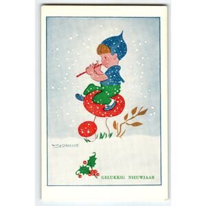 Fantasy Postcard Fairy Boy Sits On Mushroom In Snow Willy Schermele Dutch Artist